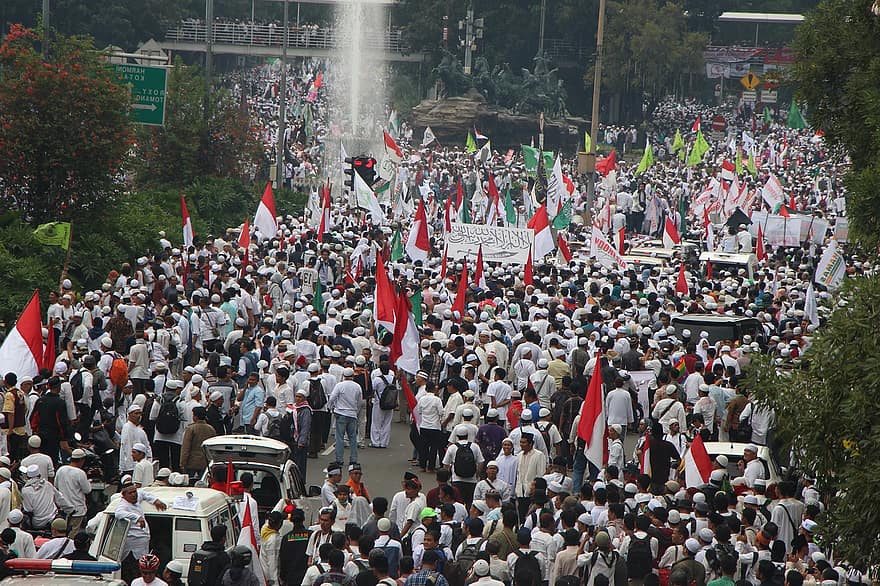 demonstracija, Džakarta, minios, protestuoti, rinkimas, gatvė, žmonių, kultūros, šventė, vyrai, paradas