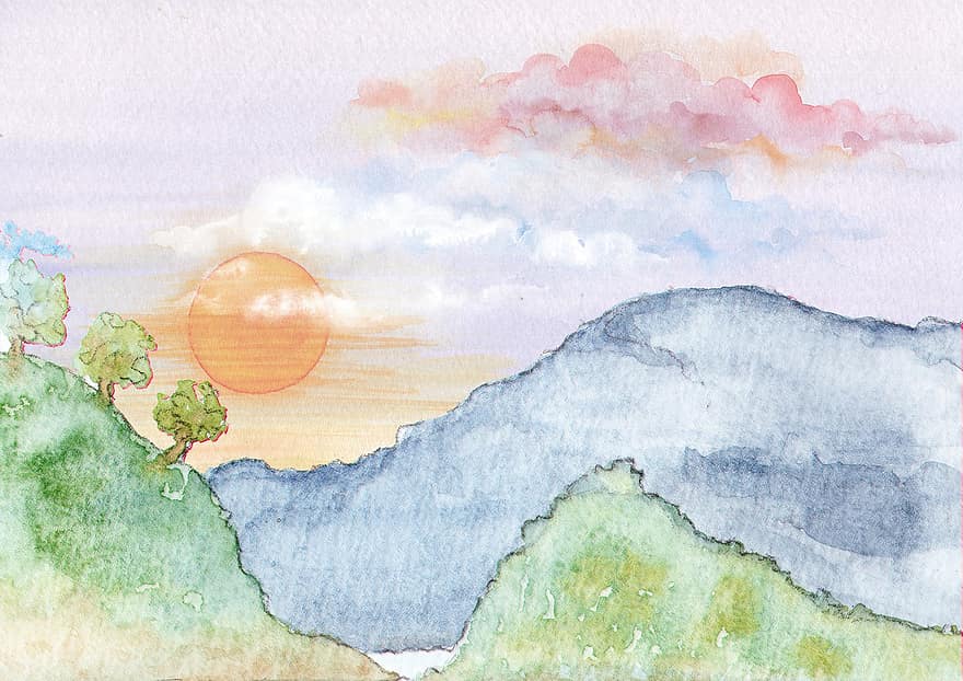 paysage, le coucher du soleil, aquarelle, Montagne, ciel, nuage, arbre, Soleil, La peinture, la nature, scène