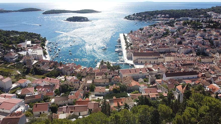 mare Adriatico, Croazia, isola, mare, tramonto, Hvar, vista aerea, tetto, costa, paesaggio urbano, vista dall'alto
