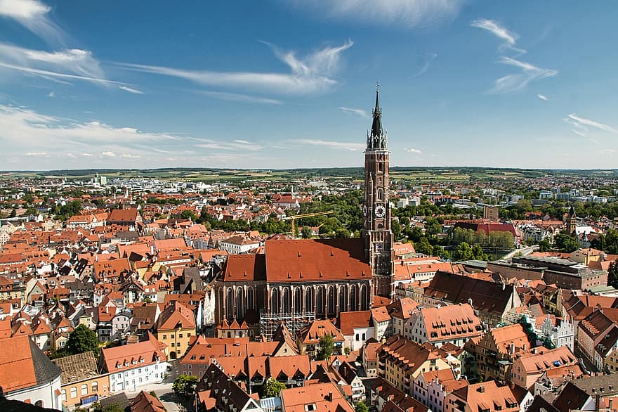 Landshut, Miasto, panorama, miasto, punkt orientacyjny, kościół, katolicki, stare Miasto, niebo, chmury, średniowiecze