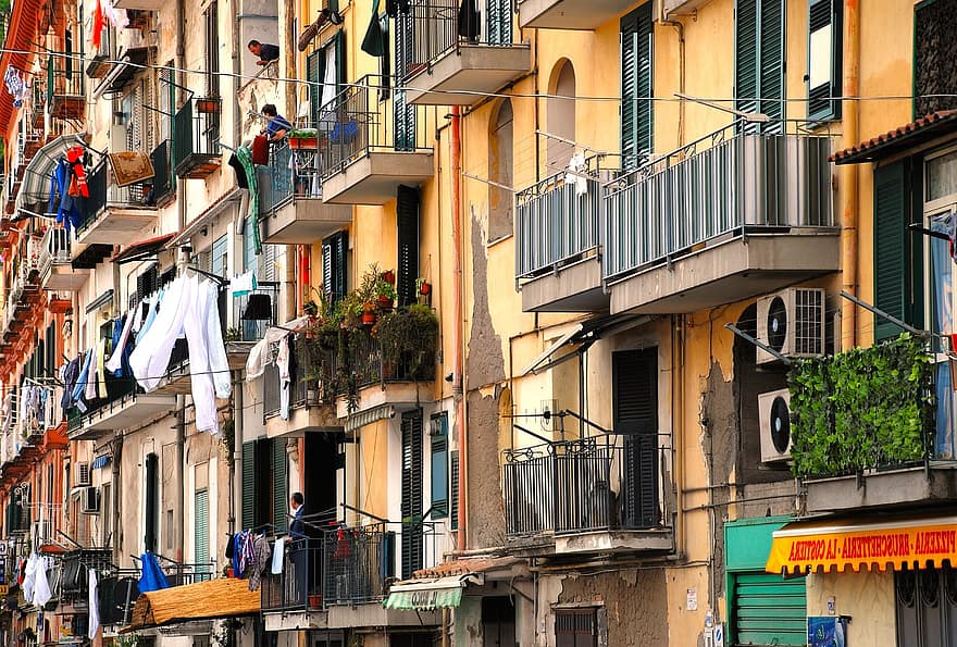 балкони, жилищен блок, жилищна сграда, кондоминиум, квартал, фасада, сграда, апартаменти, Неапол, Италия