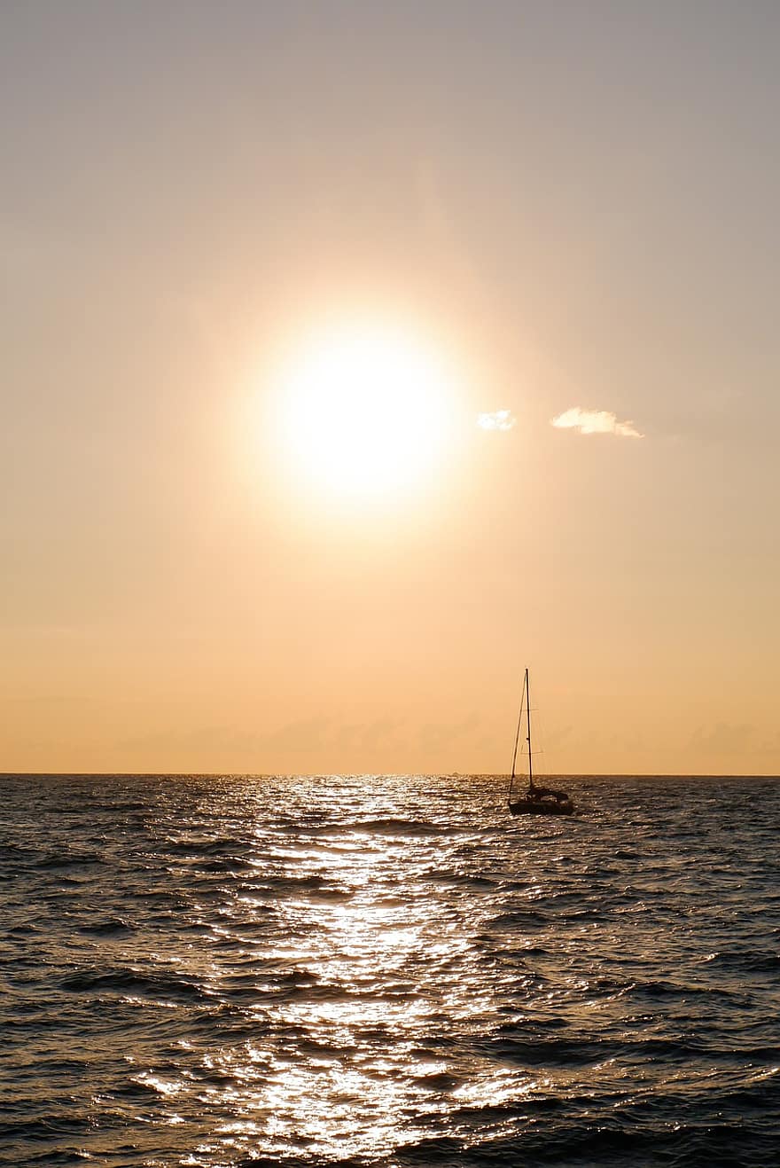 mar, posta de sol, oceà, veler, aigua, vela, estiu, vaixell nàutic, sol, vespre, iot