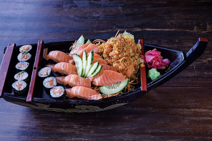 mad, sushi, fad, japansk, køkken, måltid, aftensmad, frokost, sashimi, sushi roll, laks