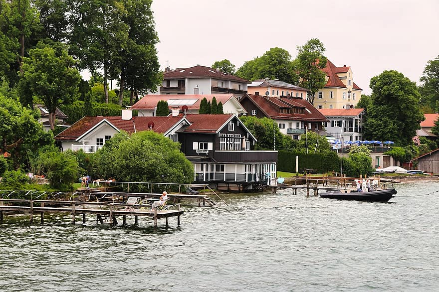 Starnberg, by, sø, starnberg søen, Tutzing, Starnbergersee, dok, anløbsbro, bygninger, huse, boardwalk