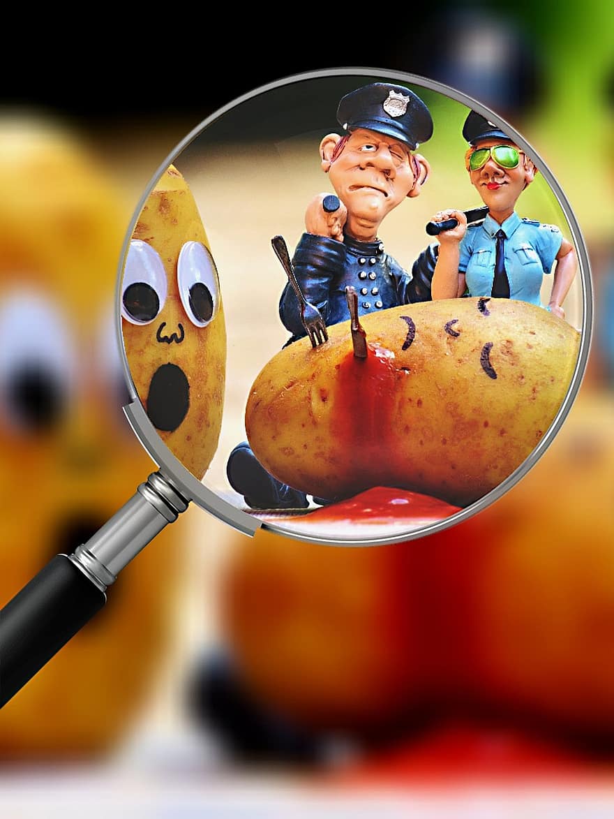 Potatoes, Murder, Blood, Police, Search For Clues, Investigations, Funny, Fun, Knife, Kill, Fork