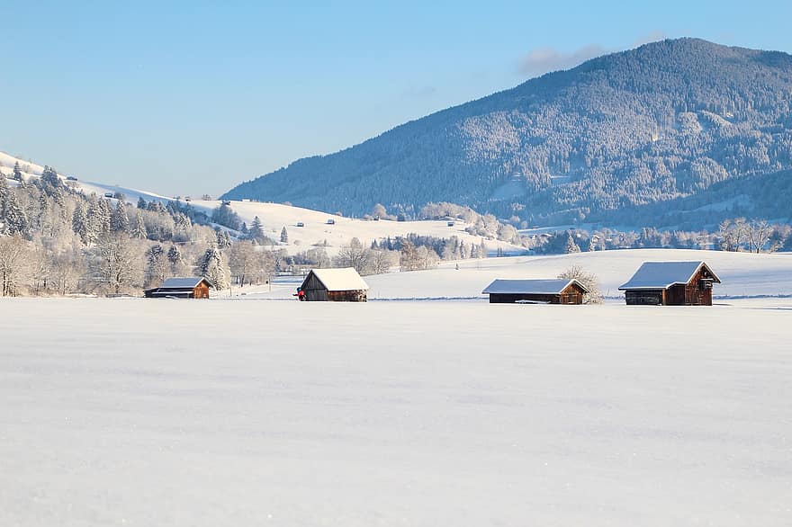 Dorf, Schnee, Berg, Winter, Hütten, Kabinen, Häuser, Gebäude, Frost, gefroren, Eis
