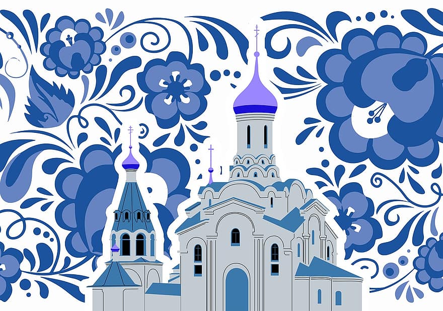 gzhel、寺院、フォークスタイル、正統、大聖堂、ロシア、正教会、コラージュ、見本市、建築、モスクワ