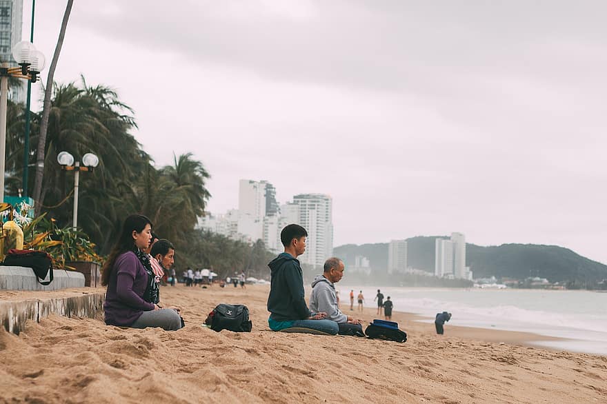 плаж, медитация, сутрин, nha trang, Виетнам, йога, уелнес, пясък, пътуване, почивки, хора