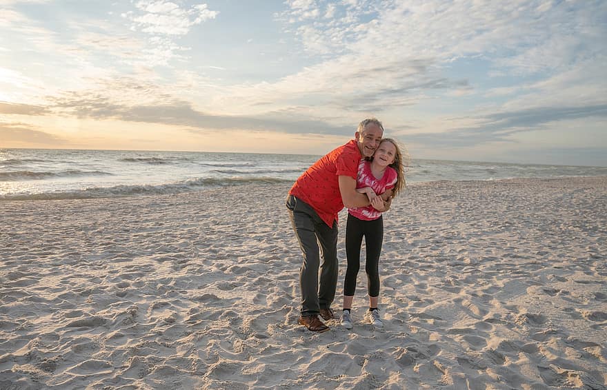 Father, Daughter, Vacation, Family, Sunset, Beach, Sea, men, women, vacations, summer