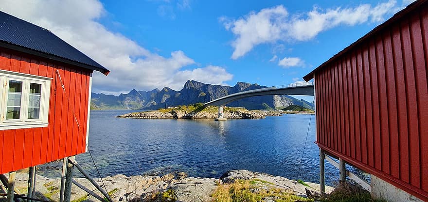 Žvejų kaimelis, tiltas, jūros, fjordas, vandenynas, vanduo, saloje, kalnai, Norvegijoje, skandinavija, lofotenai