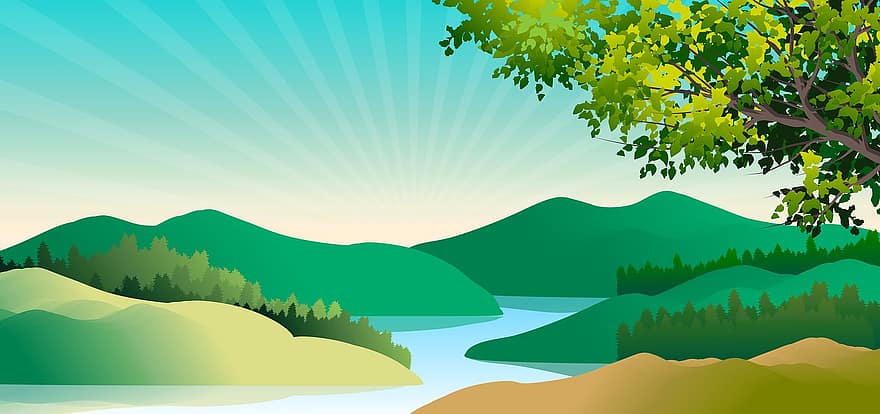 ilustración, paisaje, fondo, naturaleza, norte, pino, lago, agua, montañas, cerros, ambiente