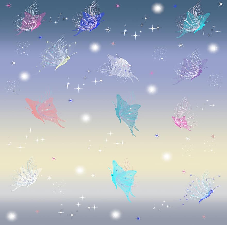 drugeliai, žvaigždės, modelį, fonas, blizgučiai, sparkle, spalvinga, stebuklinga