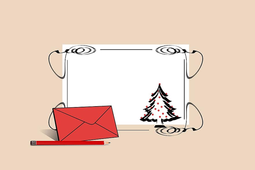 jul, lykønskningskort, kort, træ, fyrretræ, kuvert, blyant, kant, ramme, curlicue, kringel