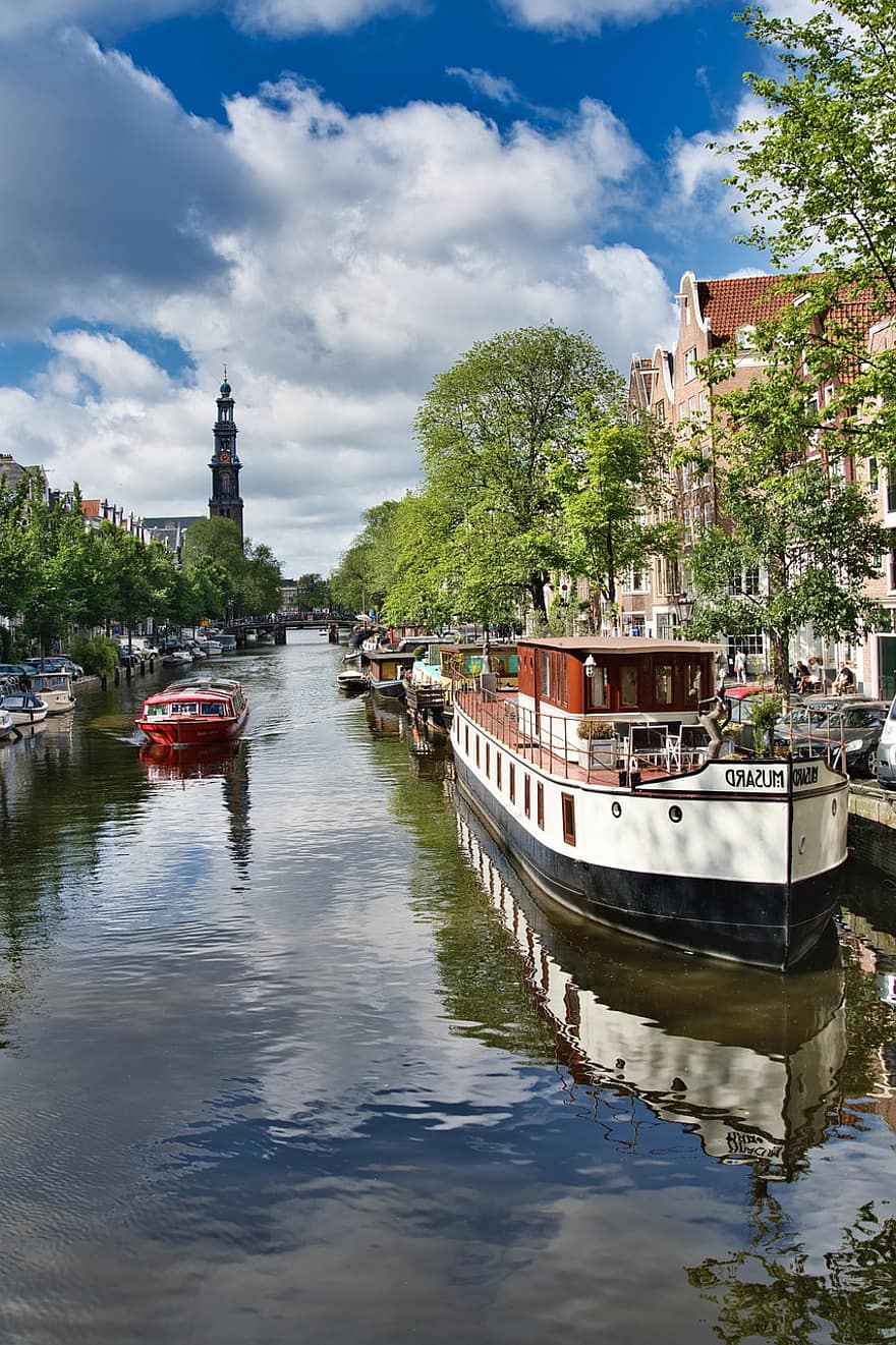 運河、ボート、輸送、アムステルダム、シティ、都市
