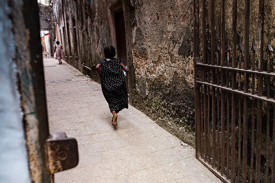 niña, niño, Entrada, pasillo, para caminar, Zanzibar, hembra, infancia