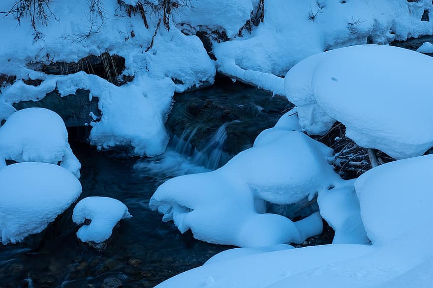 сняг, река, зима, природа, Зимна страна на чудесата, поток, лед, сезон, скреж, замръзнал, гора
