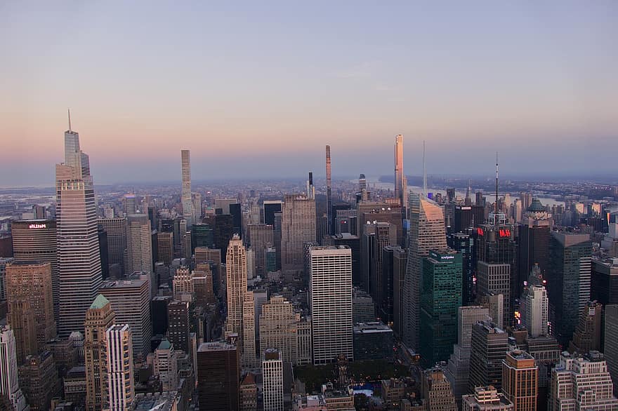mrakodrapy, budov, New York, nyc, Manhattan, architektura, město, západ slunce, Příroda, horizont, cestovat