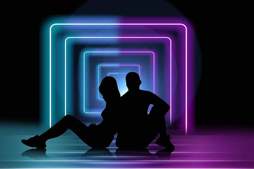silhouette, coppia, relazione, luci al neon, connessione, interazione, comunicazione, uomini, illustrazione, donne, adulto
