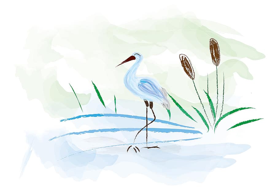 Stork, Feathers, Landscape, Drawing, Line Art, Heaven, Lake, Water, Beak, Plumage, illustration