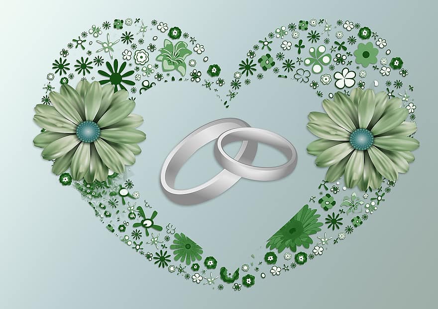 Ringe, Herz, Liebe, Hochzeit, Vor, Engagement, Romantik, Symbol, heiraten, Emotionen, Blumen