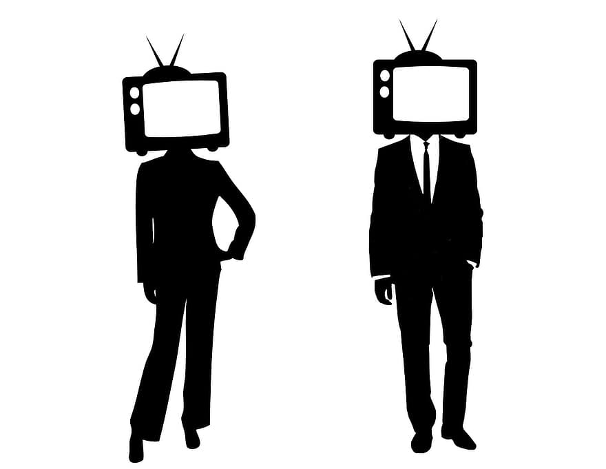 fjernsyn, hoveder, mennesker, koncept, ser fjernsyn, indflydelse, tanker, television, fare