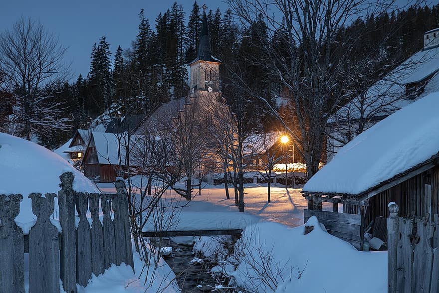 Dorf, Winter, Jahreszeit, Stadt, Dorf, Schnee, Nacht-, die Architektur, Frost, Baum, Christentum, Landschaft