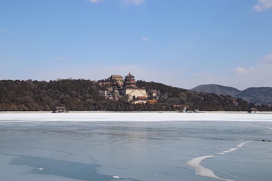 congeladas, lago, pagode, inverno, Torre do Incenso Budista, morro da longevidade, Palácio de Verão, construção, Colina, atração turística, panorama
