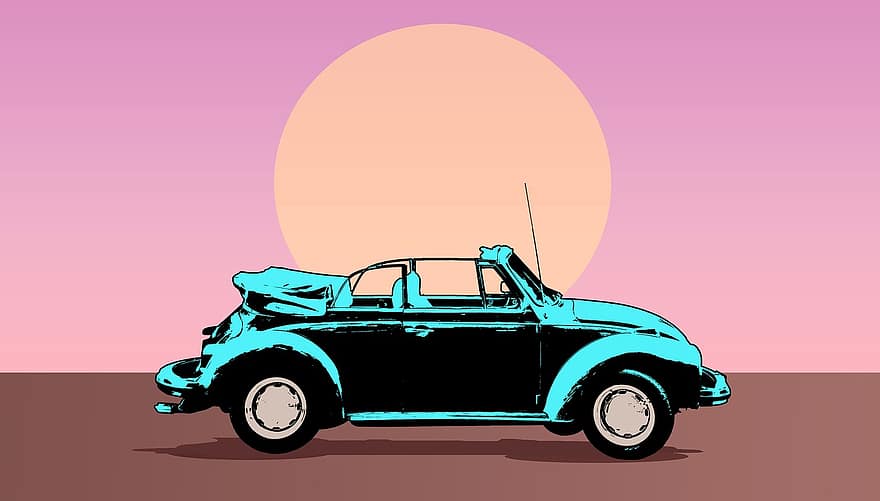 auto, plakāts, retro, vintage, ainavu, karikatūra, transportlīdzekli, rozā automašīna, rozā ainava, Rozā karikatūra, Rozā vintage