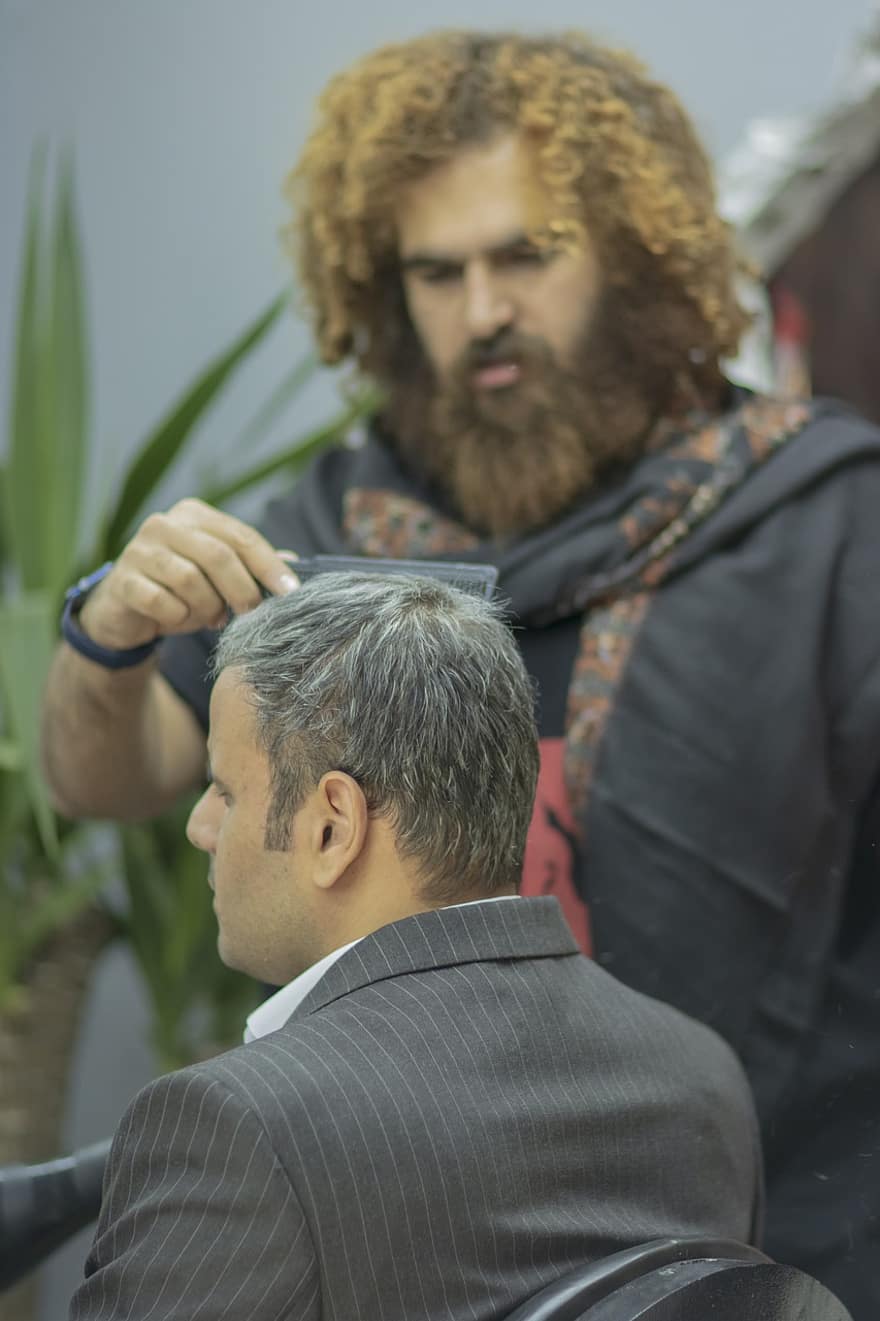 barbearia, Irã, corte de cabelo, barbeiro iraniano, barbeiro persa, cortando o cabelo, homens, adulto, machos, dois, pessoas