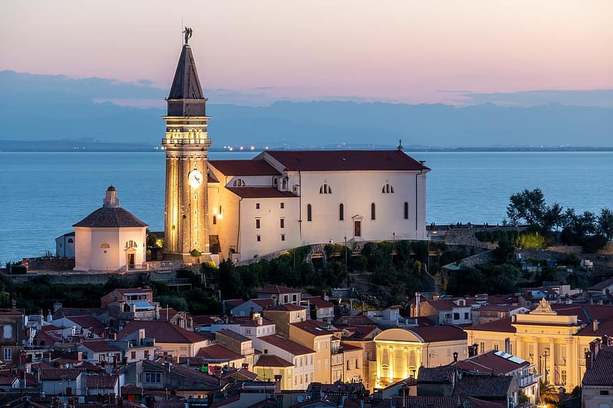 St, George's, Parish, Church, Piran, Slovenia, Evening, Night, Lights, Architecture, Cathedral