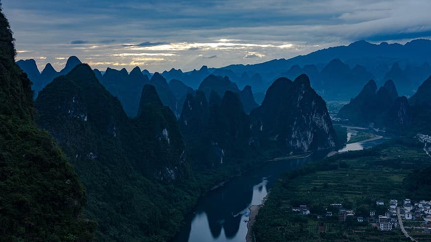 Guilin, paesaggio, fiume Li, montagne carsiche, landform, montagne, natura, Alba, alba, Cina, riflessione