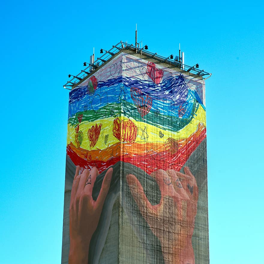 graffiti, costruzione, parete, grande, Torre, arte, pittura, opera d'arte, patriottismo, uomini, blu