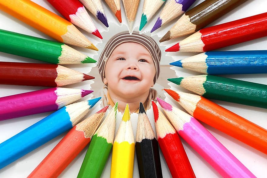 fotómontázs, baba, ceruzák, szín, portré, rajz, nevetés, mosoly, fiatal, joli, nyugodt