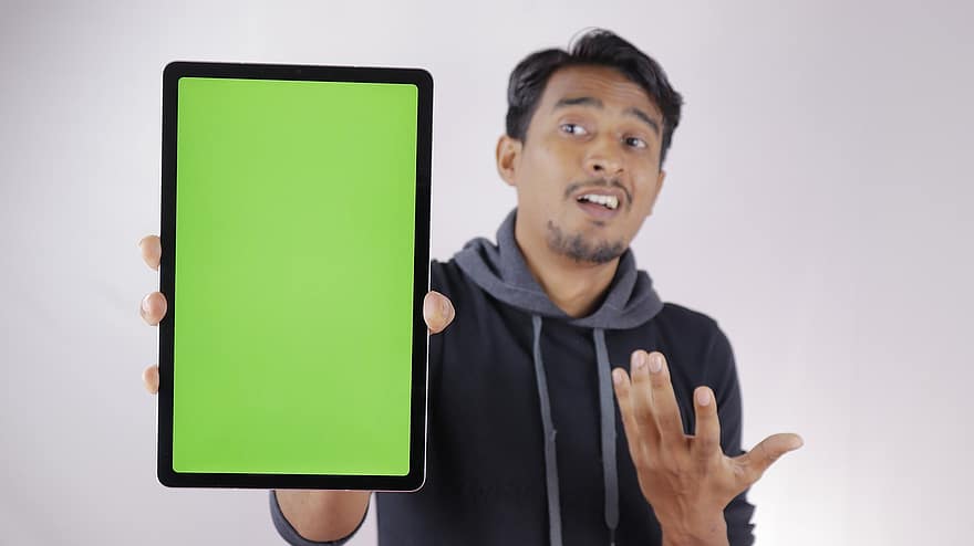 Tablet, Display, Screen, Green Screen, Confusion, Expression