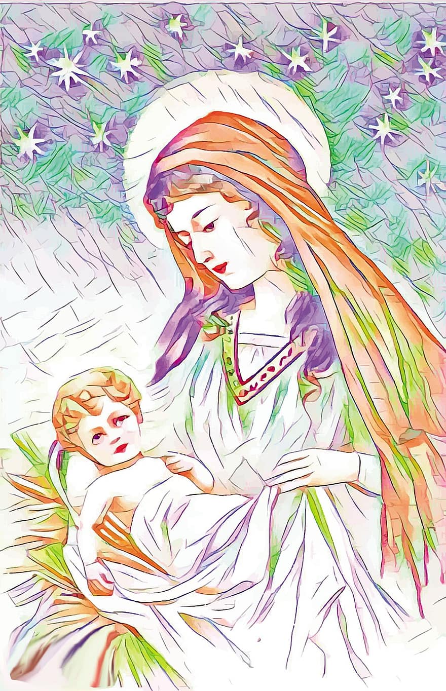 maria, Jeesus, lapsi, joulu, tulo, poika, kehto, gospel, kristinusko, tähdet, Bethlehem