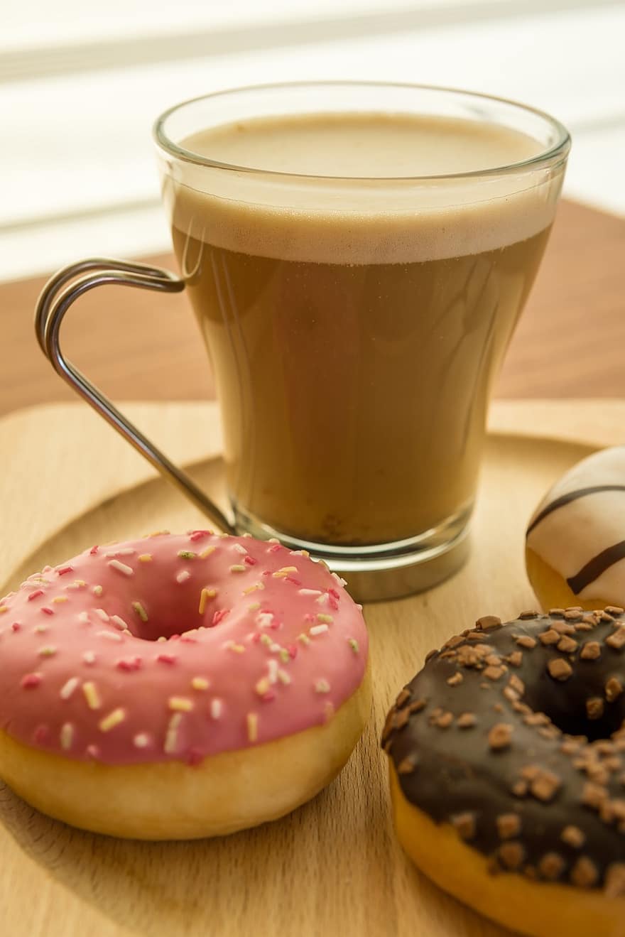 Coffee, Donuts, Food, Dessert, Snack, Pastry, Sweet, Delicious, Tasty, Glaze, Doughnuts