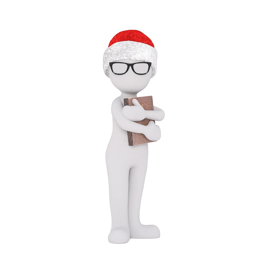 Karácsony, fehér férfi, teljes test, santa kalap, 3D-s modell, szemüveg, fekete, Biblia, könyv, vallási, lencsék