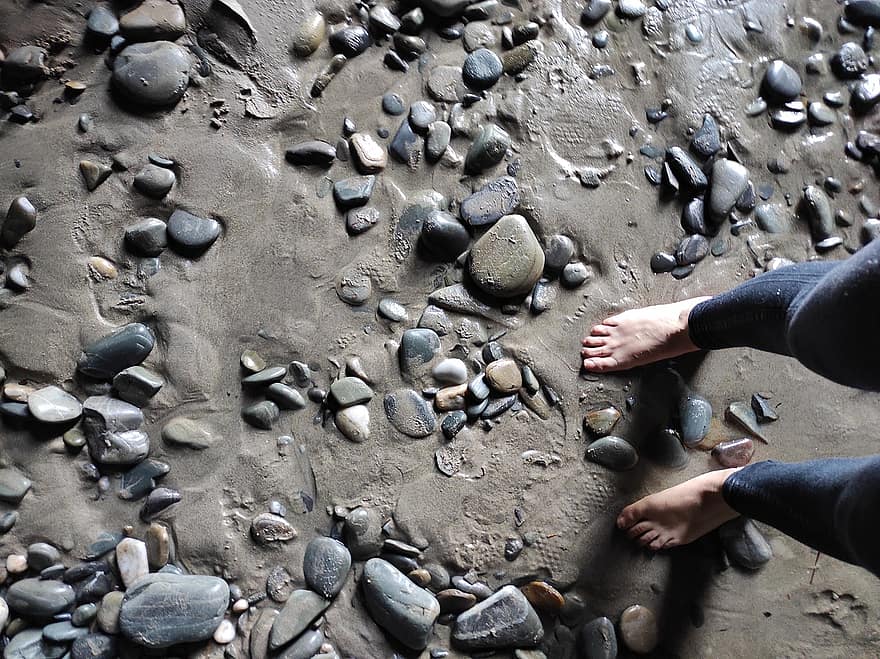 kövek, homok, strand, tenger, láb, sziklák, természet, galicia