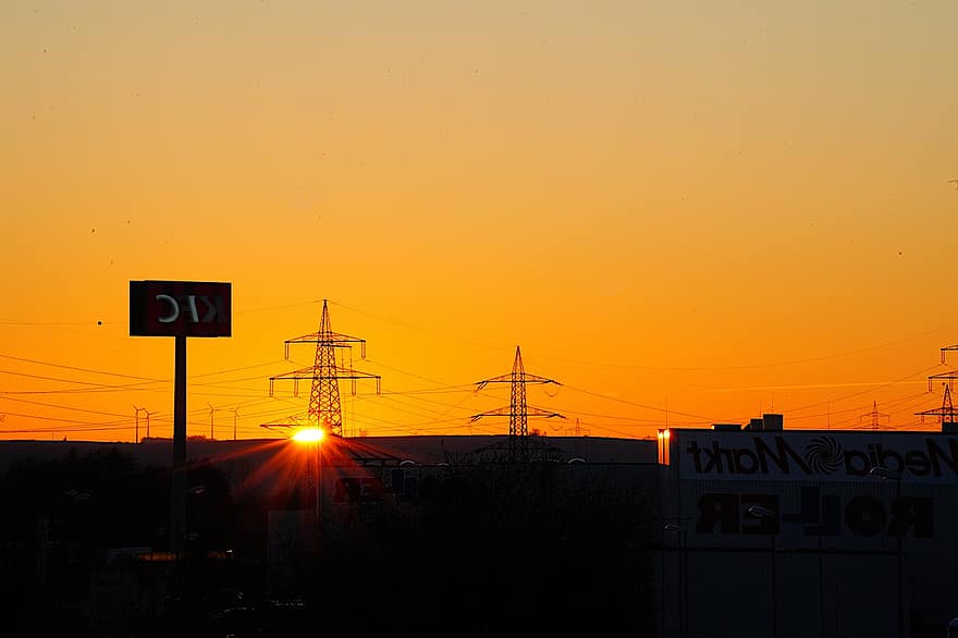 Dusk, Energy, High Voltage, Mast, Overhead Line, Mood, sunset, sun, fuel and power generation, electricity, power line