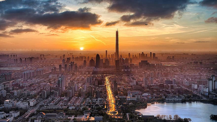 Tianjin, by, solnedgang, luftfoto, byudsigt, skyline, bybilledet, by-, bylandskab, skyskrabere, landskab