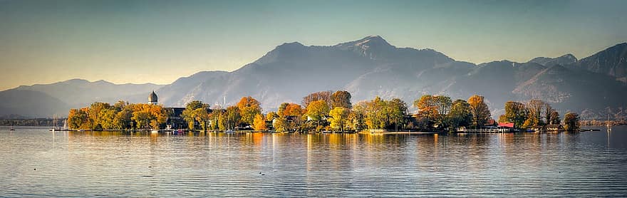 gunung, pulau, danau, pohon, bangunan, refleksi, alam, air, alpine, langit, musim gugur