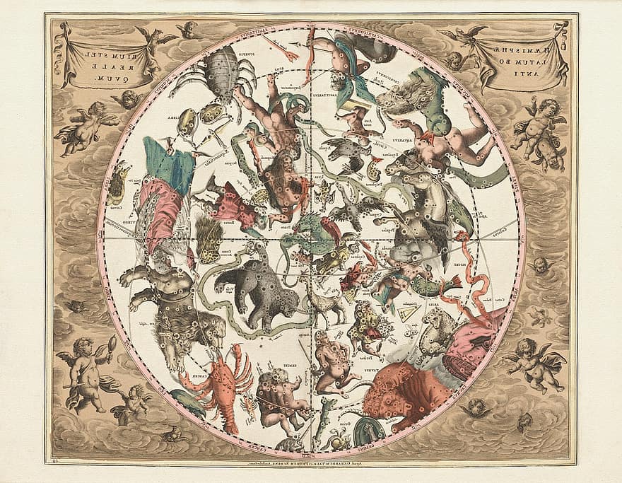 mapa, constelações, zodíaco, astrologia, esotérico, Antiguidade, céu, sul, hemisfério, gravura em cobre, signo