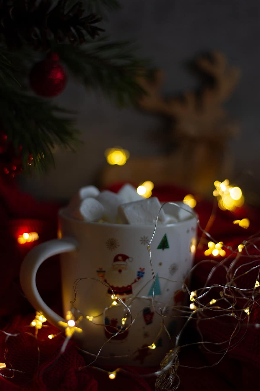 puodelis, Kalėdų žiburiai, Zefyras, maisto, gerti, gėrimas, Kalėdos, Kalėdų kamuolys, žvaigždė, švelnus, natiurmortas