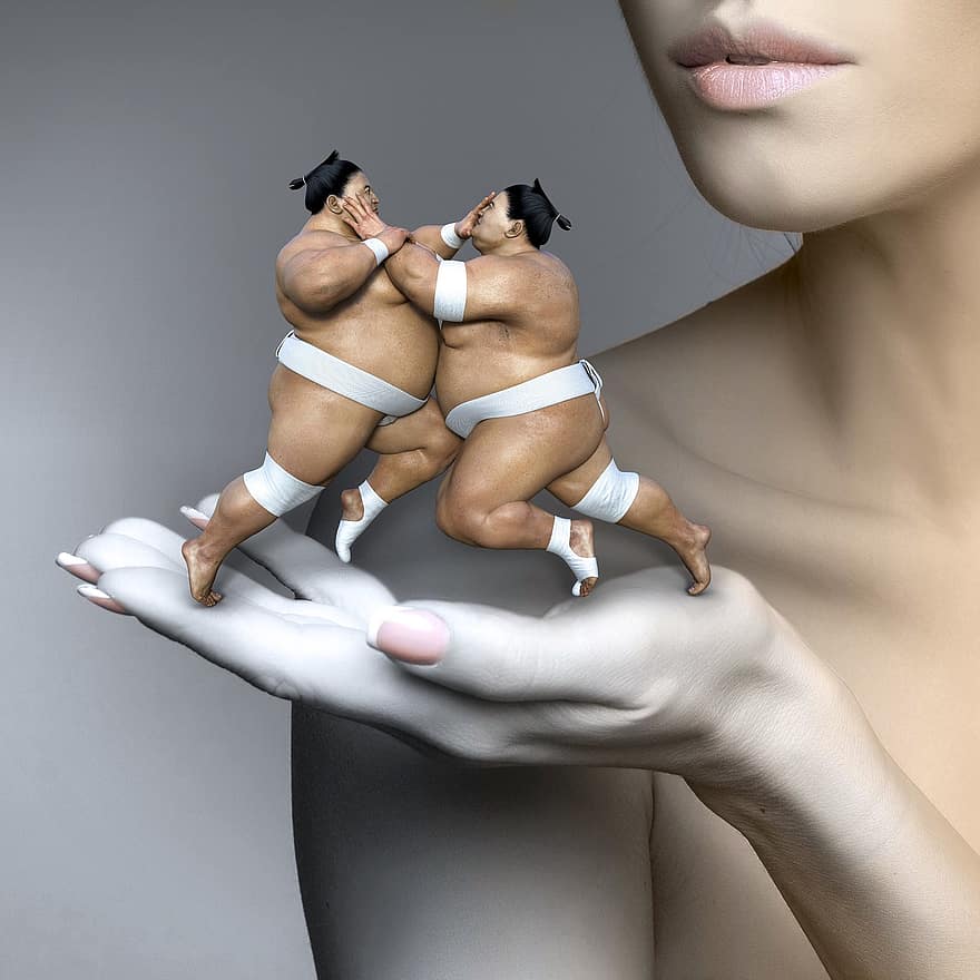 Cd Cover, Woman, Fantasy, Sumo Wrestlers, Photomontage, Surreal, Composing, Girl, Human, Fight, Beauty