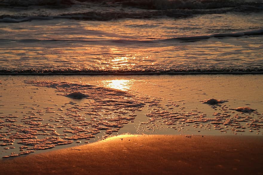 tramonto, d'oro, spiaggia, costa, mare, onda, acqua, sabbia, ora d'oro, paesaggio