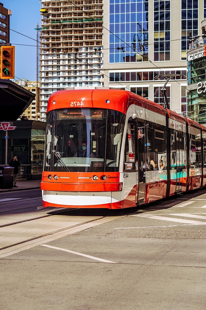 релса, улица, в центъра, пренаселено, пешеходна пътека, мотриса, Торонто, транспорт, начин на транспорт, градски живот, публичен транспорт
