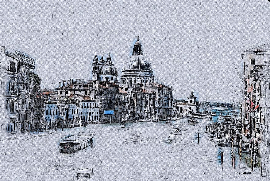 veneția, Italia, desen, schiță, peisaj, oraș, Reper, creativitate, arhitectură, peisaj urban, loc faimos