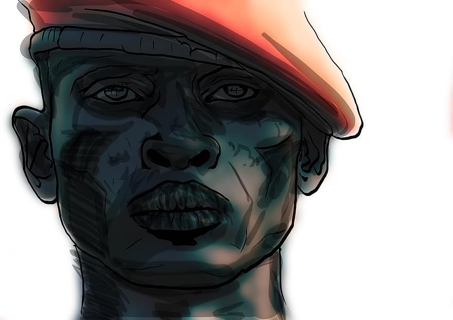 afrikansk, soldat, hær, tegning, kunst, design, sort, militær, uniform, mand, ansigt