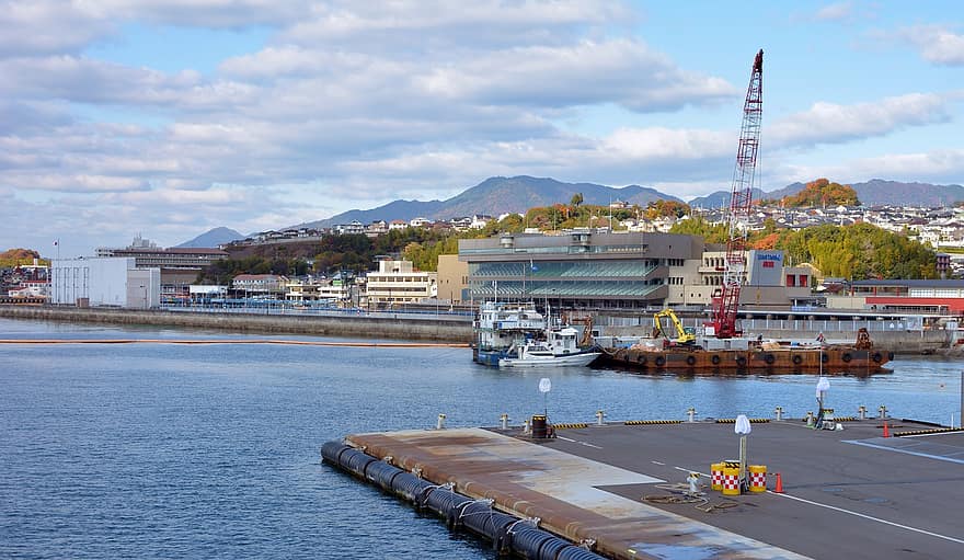 città, hiroshima, Giappone, porto, spedizione, molo commerciale, nave nautica, acqua, industria, nave industriale, mezzi di trasporto