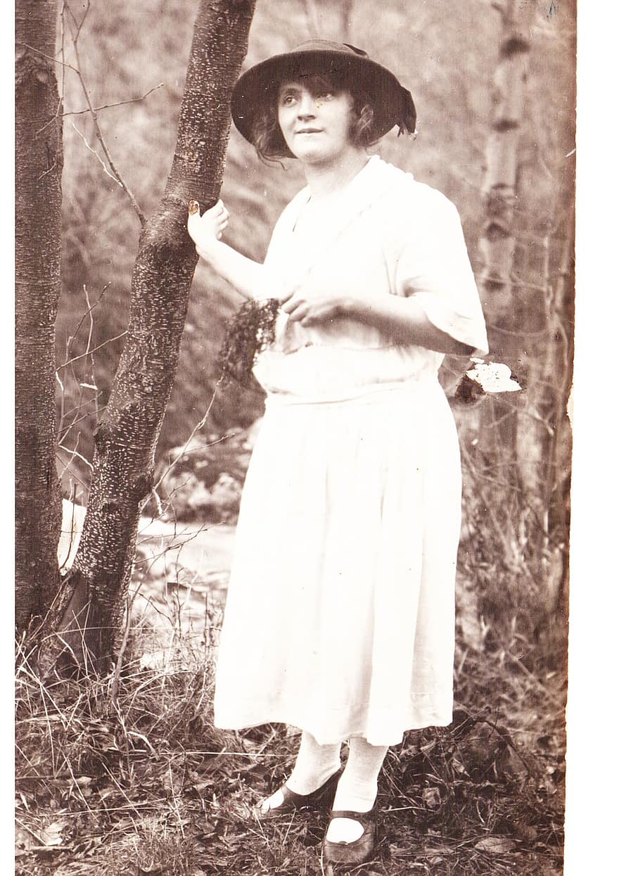 nostalgia, mujer, antiguo, figura, 1920, mujer joven, árbol, jardín, bosque